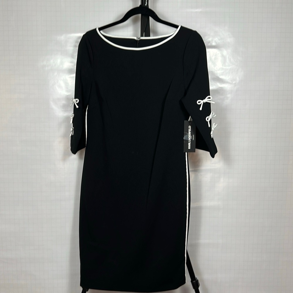 Karl Lagerfeld Paris Midi Dress Womens Size 6 Black A-Line Striped Mixed Media N